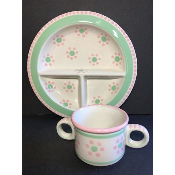 M. Bagwell Childs Plate & Cup Set Baby Dots Divided Dish Ceramic Flowers Pink - Picture 1 of 6